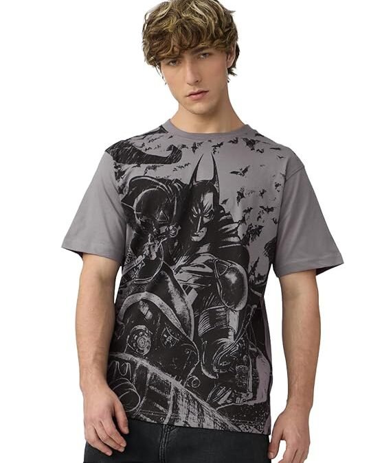 The Souled Store Batman: Define Me Men and Boys Short Sleeves Round Neck Grey Printed Regular Fit Cotton T-Shirtsv