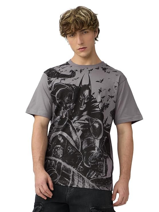 The Souled Store Batman: Define Me Men and Boys Short Sleeves Round Neck Grey Printed Regular Fit Cotton T-Shirtsv