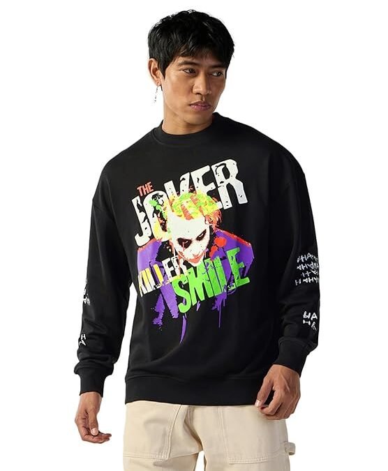 DC Merchandise Joker Men's Graphic Printed Oversized Fit Full Sleeve Round Neck Terry Sweatshirt