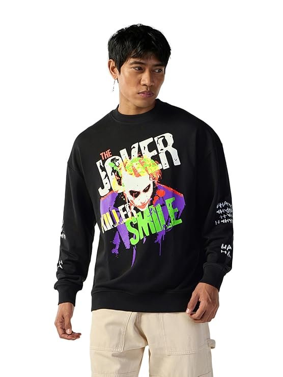 DC Merchandise Joker Men's Graphic Printed Oversized Fit Full Sleeve Round Neck Terry Sweatshirt