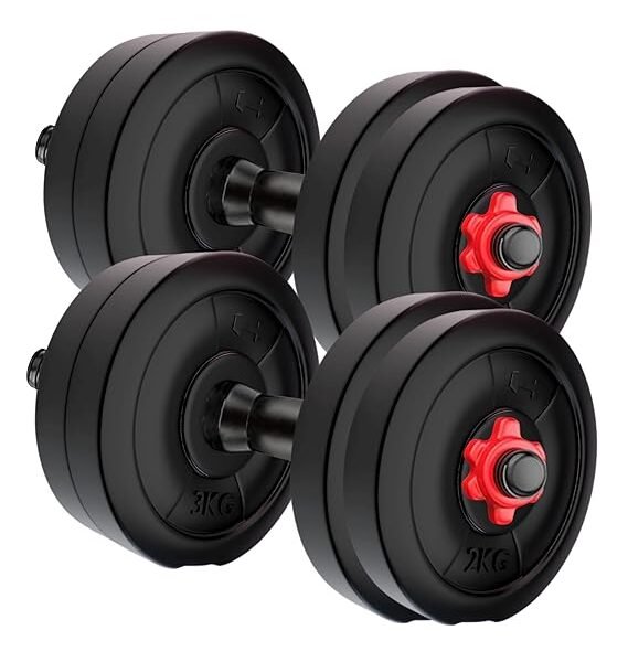 Amazon Brand - Symactive Pvc 10 Kg Adjustable Dumbbells Fitness Kit For Full Body Workout (2.5 Kg X 4 Pvc Weight, 14'' Dumbbell Rods Pair&Nuts),Black