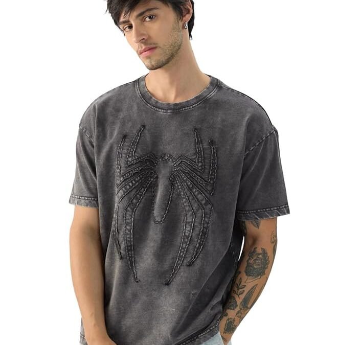 NB Sports Official Spider-Man: Midnight Men and Boys Short Sleeve Round Neck Grey Textured Cotton Oversized T-Shirts