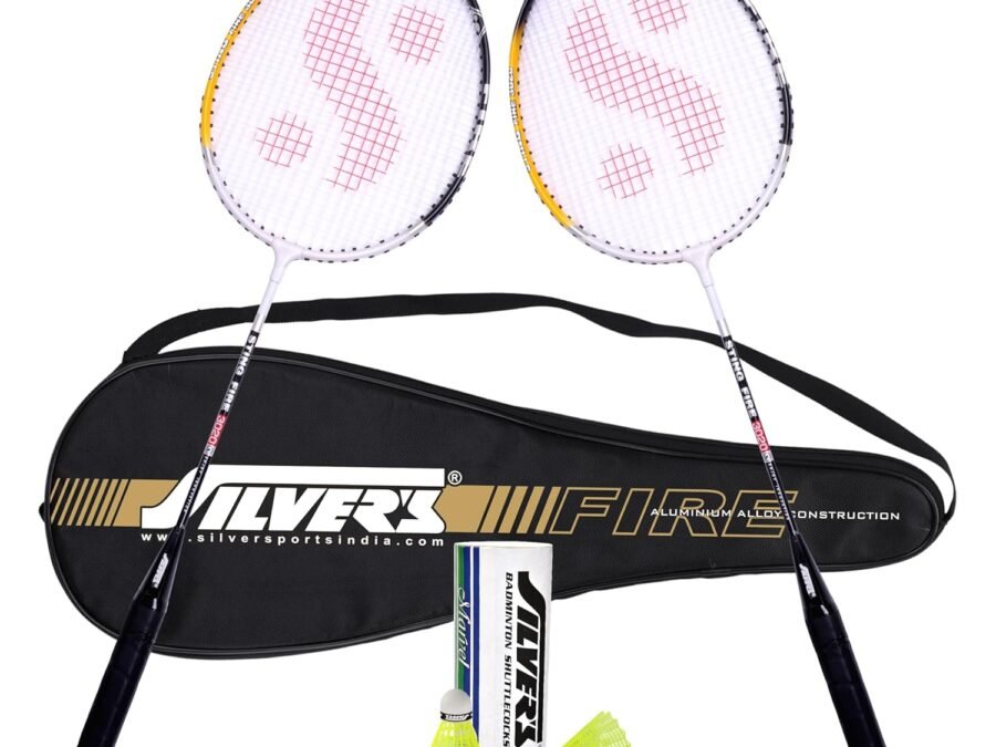 Silver's Aluminium Fire Badminton Kit (2 Racquets with Full Cover, 1 Box Shuttlecock Pack of 3) – Black, Aluminium – FIRE Combo 2 with Nylon Shuttle (Black/White)