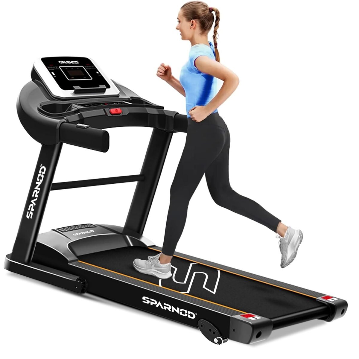 Sparnod Fitness STH-1200 Motorized Treadmill | 4 HP Peak DC Motor | Manual Incline | Max Speed 12 km/hr | 110 Kg Max User Weight | 12 Preset Workouts | Hi-Fi Speaker | Safety Key | Home Use