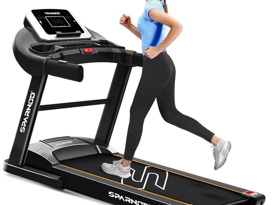 Sparnod Fitness STH-1200 Motorized Treadmill | 4 HP Peak DC Motor | Manual Incline | Max Speed 12 km/hr | 110 Kg Max User Weight | 12 Preset Workouts | Hi-Fi Speaker | Safety Key | Home Use