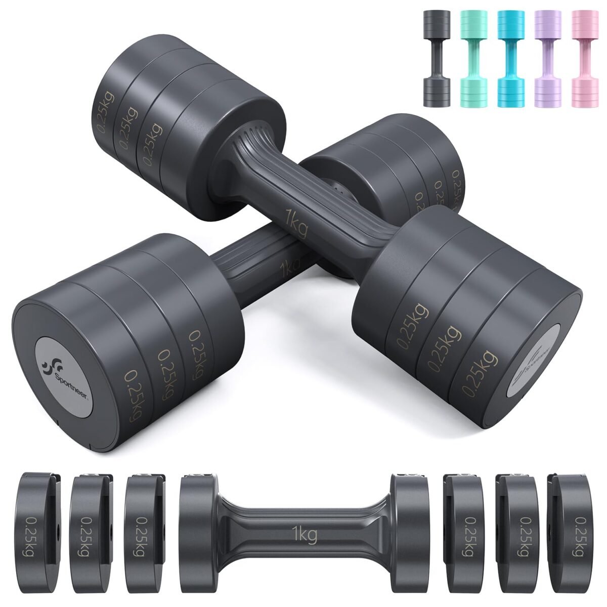 Sportneer Adjustable Dumbbells Set, 4-in-1 Fast Adjust Hand Weights 1kg/1.5kg/2kg/2.5kg, Compact Dumbbell Set for Women & Men, Home Gym Equipment for Strength Training, Full Body Workout