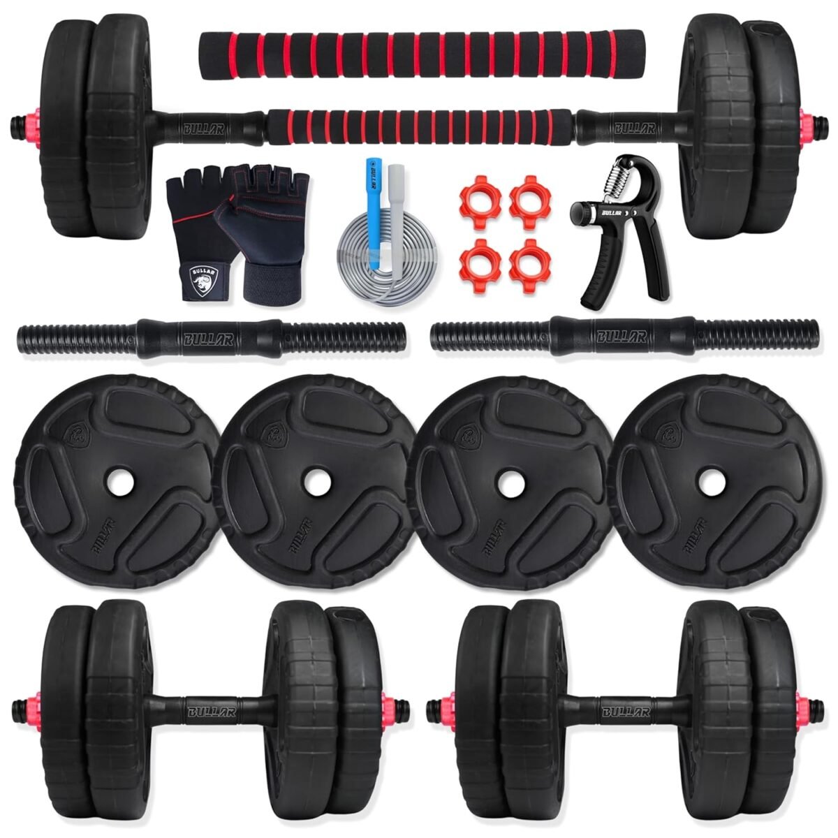 BULLAR Adjustable Dumbbells Set 10Kg Combo with Connector & Accessories | 8Kg to 30Kg Upgradeable PVC Weight Plates | Home Gym Dumbbell Rods & Barbell Rod for Strength Training & Fitness