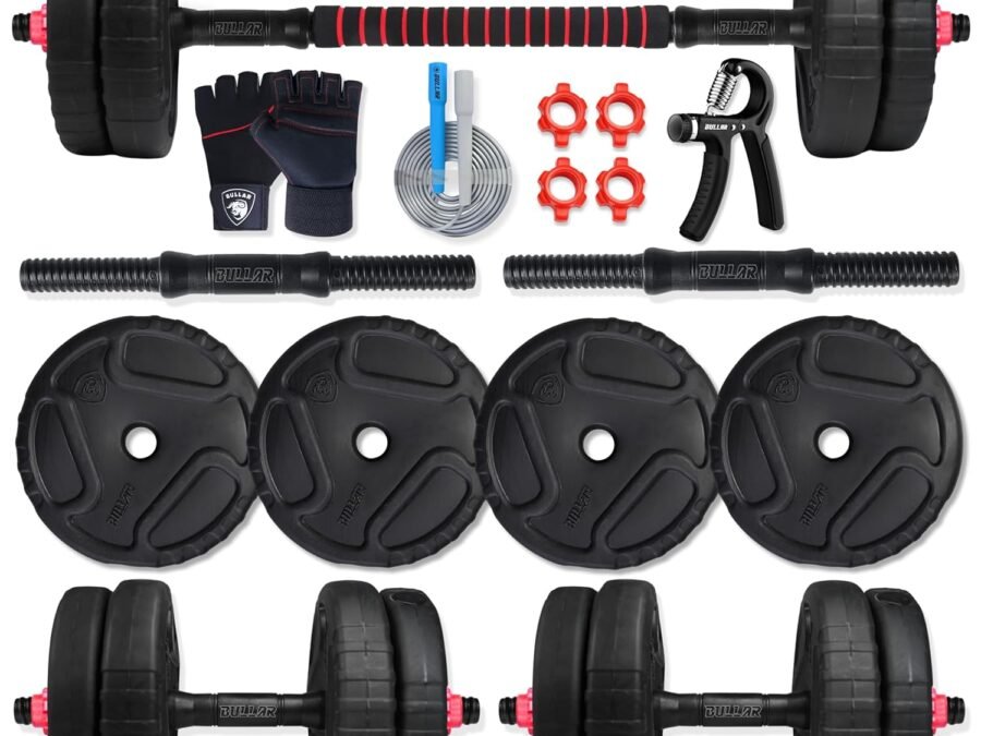 BULLAR Adjustable Dumbbells Set 10Kg Combo with Connector & Accessories | 8Kg to 30Kg Upgradeable PVC Weight Plates | Home Gym Dumbbell Rods & Barbell Rod for Strength Training & Fitness
