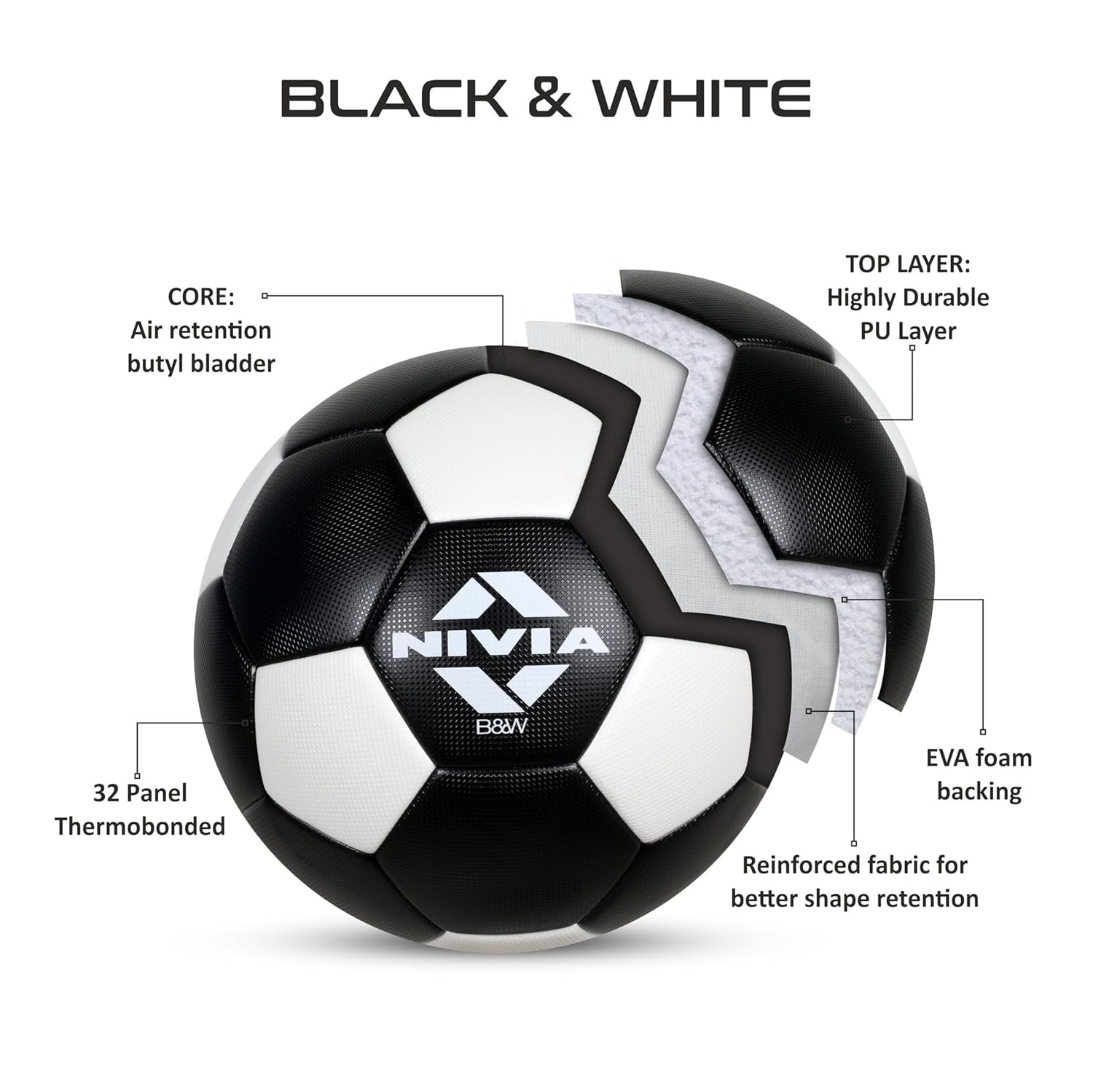 Nivia B&W Thermobond Football – Size 5 | 32 Panel Design | Black | Football for Men & Women | Suitable for Soft, Wet & Hard Ground | Match & Training Ball for All Weather Play - Image 3