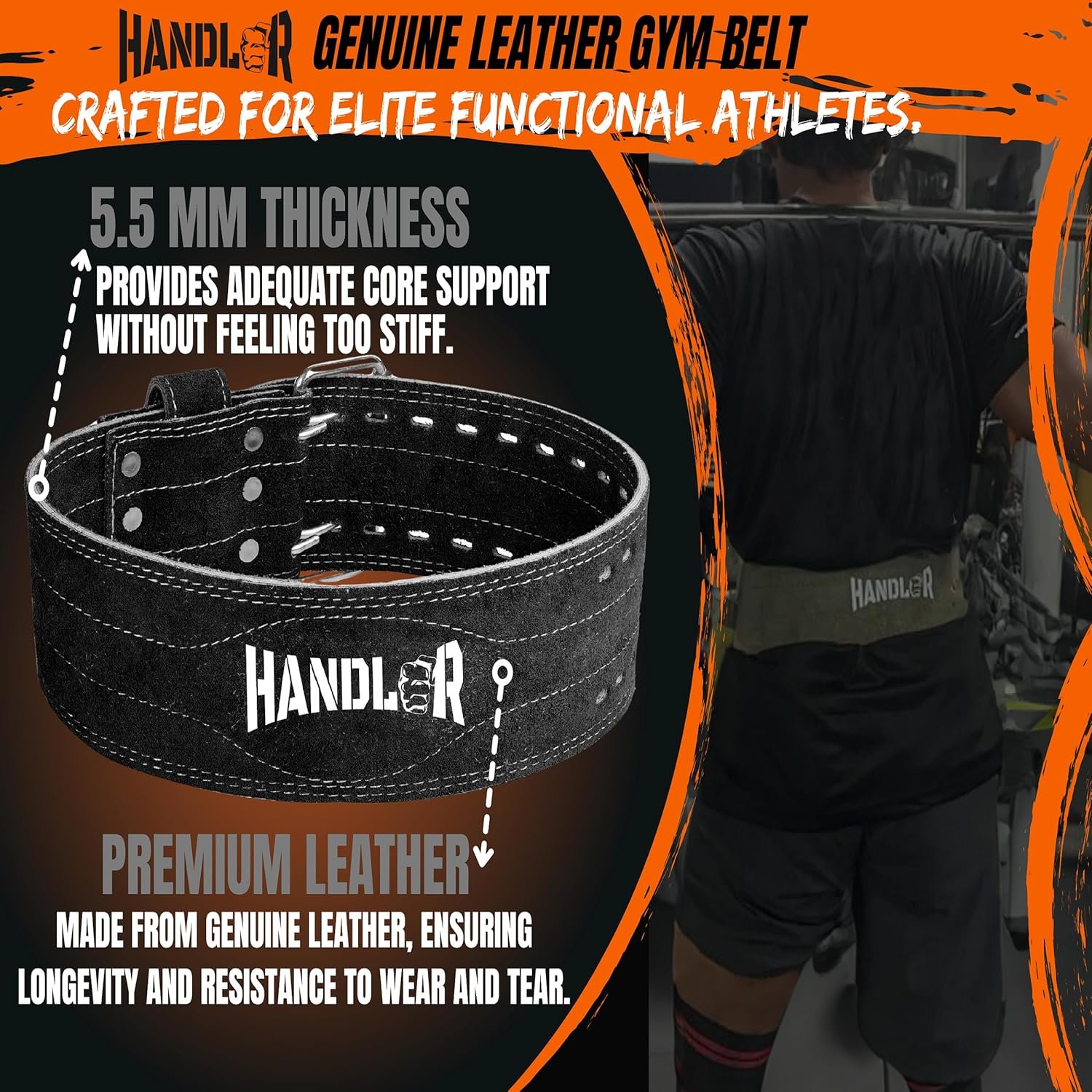 Handler 100% All Leather Powerlifting Gym Belt – 5.5mm Thick Weight Lifting Belt for Men & Women – Brown (Medium) – Professional Weight Training Belt for Heavy Workouts & Back Support - Image 4