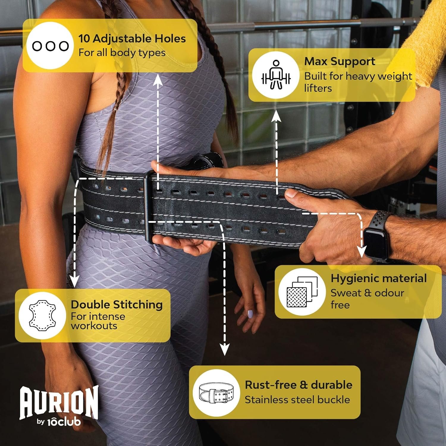 AURION by 10 Club 10MM Suede Leather Weightlifting Belt with Buckle – Heavy Powerlifting Gym Belt for Squat, Deadlift & Weight Training – Back Support Belt for Men & Women – Black (Medium) - Image 6