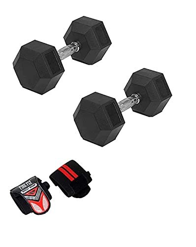 FIRE FLY Rubber Hex Dumbbells Pair – 2.5kg to 30kg Free Weights for Men | Anti-Roll Dumbbell Set with Wrist Wraps | Home Gym Strength Training Equipment for Biceps, Chest Press & Full Body Workouts